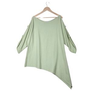 Oh My Gauze Top Green Cotton Asymmetrical Hem Peek A Boo Sleeve Lagenlook Beach